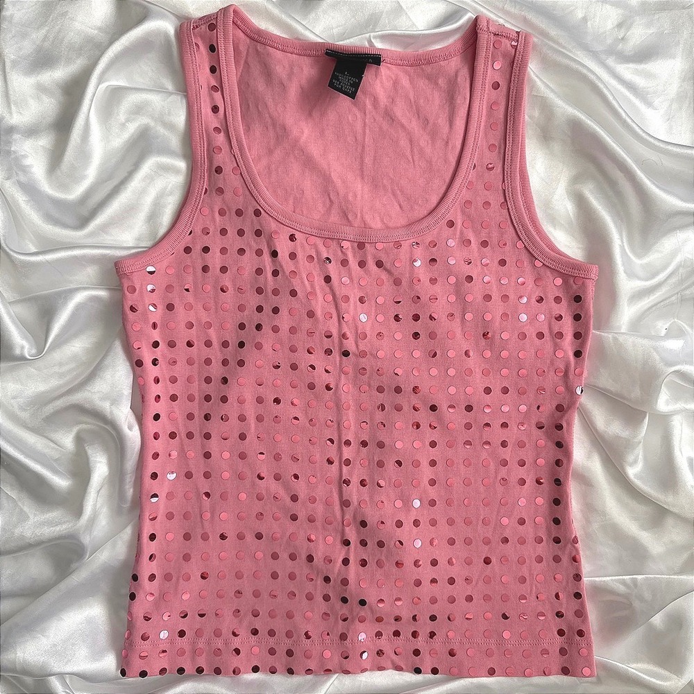 The Limited Pink Sequin Tank Top Sleeveless Scoop Neck Cotton Shirt Large